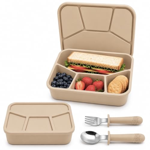3-Piece Silicone Bento Lunch Box Set for Kids – Spoon & Fork Included, BPA Free, Dishwasher Safe, Reusable Lunch Container - color: Khaki
