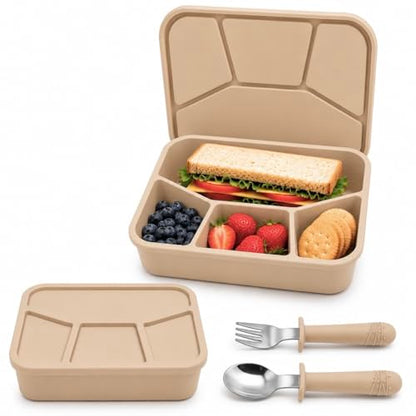 3-Piece Silicone Bento Lunch Box Set for Kids – Spoon & Fork Included, BPA Free, Dishwasher Safe, Reusable Lunch Container - color: Khaki