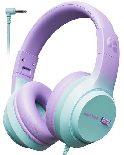 awatrue Kids Headphones, 74/85/94dB Volume Limiter, Foldable Wired Over Ear Headphones for Travel, 3.5mm Jack, Toddler Headphones for School, Chromebook, iPad, Tablet, Purple Green - color: ‌Purple-Green