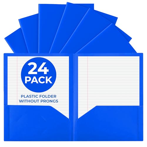 24 Pack Blue Plastic Folders with Pockets Heavy Duty. 2 Pocket Folder no Prongs Bulk. Tear-Resistant Letter Size 8.5x11. Presentation Ready School and Office Supplies - color: Blue, style: No Prongs