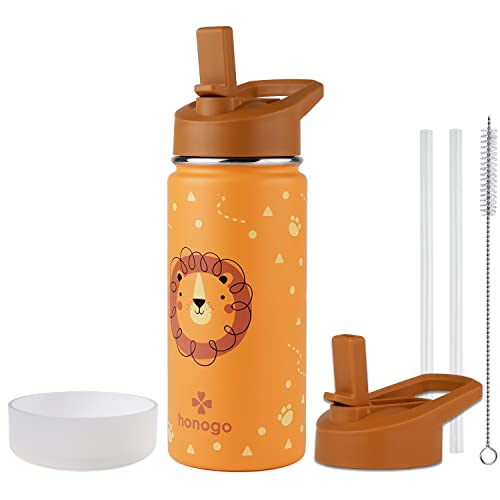 16 oz Stainless Steel Insulated Kids Water Bottle, Leak Proof Metal Thermal Flask with Straw lid, Cute Toddler Tumbler Cup for School Girls & Boys (Lion, Orange) - color: Lion, Orange