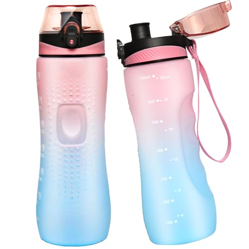 Water Bottle,25 oz Motivational Water Bottle with Time Marker,Sports Water Bottle with Carrying Strap,Leakproof & BPA Free,Reusable,for Teenager, Adult,Outdoors, Cycling, School & Office - color: Pink Blue, size: 25.4 Ounces