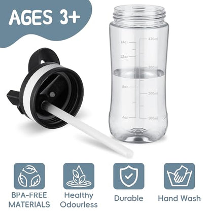 14oz Clear Kids Water Bottle with Straw Lid, BPA-Free Tritan, Measurement Scale, Sturdy Handle Wide Mouth Leak-proof Reusable Plastic Bottle for Boy& Girls, Back to School（Clear） - color: Clear