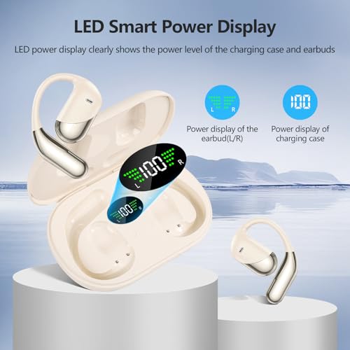 Open Ear Clip Wireless Earbuds Headphones, Bluetooth Built-in Mic, IPX7 Waterproof, LED Display Charging Case,Ear Hooks Ear Buds Ultra Comfort Design for Running/Walking/Cycling/Gym - color: Beige