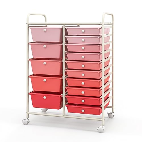 COSTWAY 15 Drawer Rolling Storage Cart, Mobile Utility Cart with Lockable Wheels, Drawers, Multipurpose Organizer Cart for Home, Office, School, Gradient Pink - color: Gradient Pink