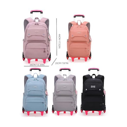 Solid Color Girls Rolling Backpack with Wheels Schoolbag Elementary School Student Trolley Daypack - color: A-pink - Six Wheels, size: 6 Wheels