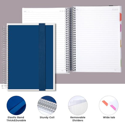 Yoment 5 Subject Notebook College Ruled, 300 Pages Spiral Notebook with Removable Divider Tabs，Hardcover 8 x 10 Inches College Ruled Journal 1 Inner Pocket for School College Work Office Home,Blue - color: Blue