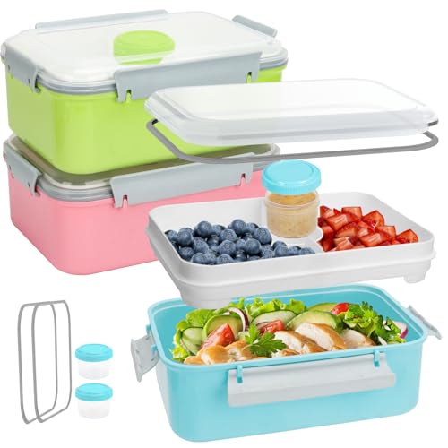 47oz Salad Lunch Container To Go, 3 Pack Salad Bowls Bento Lunch Boxes | Food Storage Meal Prep Containers with Tray/Dressing Containers for Salad, Snacks,Fruit, BPA Free, Microwave Dishwasher Safe - color: Pink & Green & Light Blue
