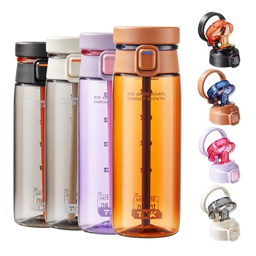 TKK Sports Water Bottle with Straw & Build-in Carrying Handle, Spill-Proof 2-in 1 Lid, 20 oz Plastic Bottles, Dishwasher Safe, Leak-Proof Locking Lid for Kids, Outdoor, School Backpack, Orange - color: Orange