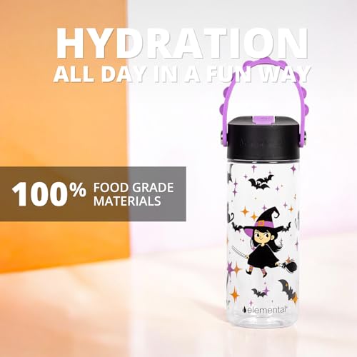 Elemental Water Bottles for Kids - Splash Kids Water Bottle for School with Pop-it Handle - BPA Free Tritan Plastic Water Bottle with Straw Leak Proof when Spout is Closed - Little Witch - 18oz - color: Little Witch