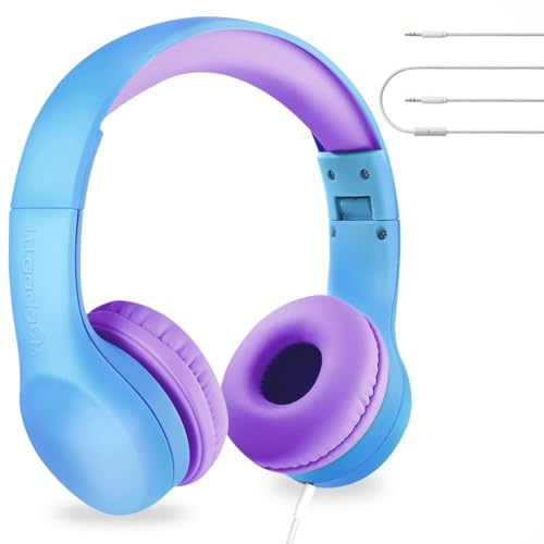 LilGadgets Connect+ Foldable Headphones, Adjustable Fit Soft Touch Padding for Kids with Mic, Volume-Limited & Noise Reduction On-Ear Wired Headset for School with SharePort - Blue/Purple, Ages 3-14 - color: Blue/Purple