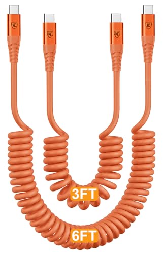 USB C to C Cable [3FT+6FT], 2Pack Coiled USB C Fast Charging Cable for CarPlay, iPhone USB-C Cable/Android Auto USB C Cord USB Type-C Cable for iPhone 17/16/15/Pro Max/Galaxy S26 S25 and More-Orange - color: Orange, size: 3FT+6FT