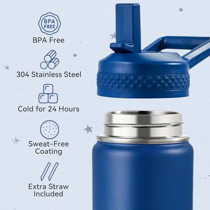 Fijinhom 12 oz Kids Water Bottle, Toddler Water Bottle with Straw, Boys&Girls Bottle for School, 304 Stainless Steel Vacuum Insulated Bottle for Kids, BPA-Free, Leak-Proof, Navy blue - color: Blue