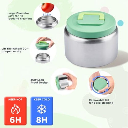 MAISON HUIS Bento Box for Kids with 8oz Soup Thermo, Insulated Lunch Bag & 17oz Water Bottle, 2-Compartment Bento Box with Built-In Ice Pack, Leak-Proof & BPA-Free (Green) - color: Green