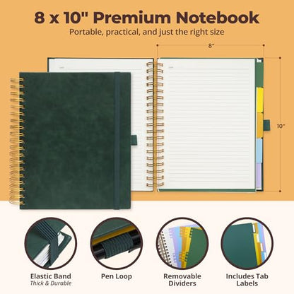 Hardcover Leather Lined Spiral Notebook 8x10" with Removable Dividers - Green - 300 Pages 5 Subject College Ruled Notebook for Work with Tabs, Pockets, and Pen Loop for Note Taking, Large Journal - color: Green