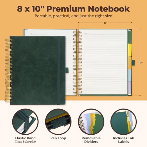 Hardcover Leather Lined Spiral Notebook 8x10" with Removable Dividers - Green - 300 Pages 5 Subject College Ruled Notebook for Work with Tabs, Pockets, and Pen Loop for Note Taking, Large Journal - color: Green