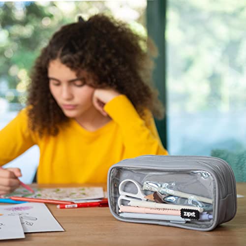 ZIPIT Half & Half Pencil Case, 3 Compartment Zipper Pouch for School, Stationery Bag for Teen Girls Boys and Adults, Grey - color: Grey