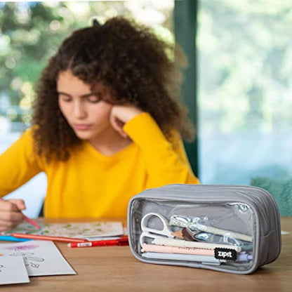 ZIPIT Half & Half Pencil Case, 3 Compartment Zipper Pouch for School, Stationery Bag for Teen Girls Boys and Adults, Grey - color: Grey
