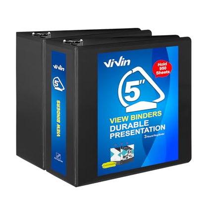 ViVin Durable 5 inch D Ring View Binder, Large 5" Slant-D Ring with 950-Sheet Capacity, Fit 8.5" x 11" Paper, 2 Pack(Black) - color: Black, size: 5 Inch, style: 2 Pack