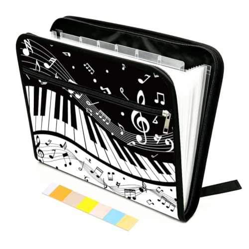 WEBEEDY Music Note Expanding File Folder 13 Pockets Black White Sheet Music Accordion File Organizer with Labels and Zipper, Portable Accordion Document Organiser for A4 Paper Paperwork Photo Receipt - color: Keyboard and Musical Staves