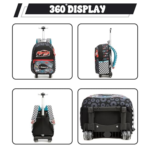 Kids Rolling Backpack for Boys 16.5" School Roller Backpack with Lunch Box, Toddler Backpacks with Wheels Rollig Wheeled Backpacks for Elementary School - color: Black Car