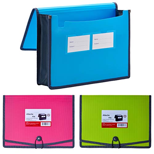 FANWU 3 Pack Plastic Expanding File Wallet Document Organizer with Elastic Cord & Button Closure, Letter Size, 3.5" Expansion, Poly A4 Expandable File Folder for School Office Home Organization - color: Blue/Pink/Green
