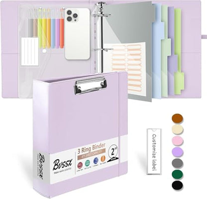 Leather 3 Ring Binder, 2 Inch Binders with Clipboards, 5-Tabs Pockets Dividers, 18 Divider Stikers, Plastic Folder, Pen Holder, Three Ring Binder with Pen Holder(Purple, Letter Size) - color: Purple, size: 2in（Letter Size）