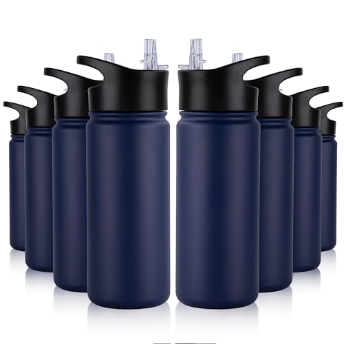 16 oz Insulated Water Bottle Bulk 8 Pack, Straw & Spout Lid, Keep Cold 24H, Spill Proof, BPA-Free, Double Wall, Stainless Steel Kids Water Bottles for School, Sports, Navy Blue - color: Navy Blue, size: 16 Ounces-8