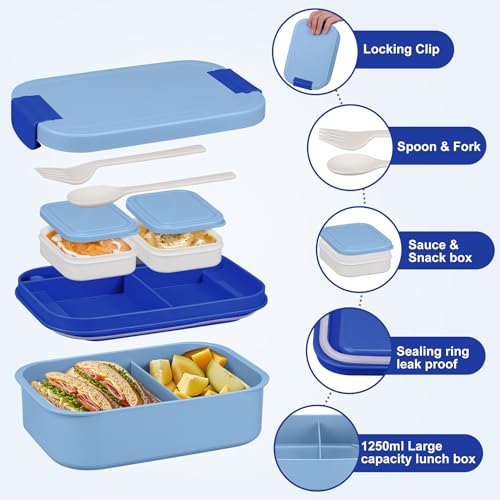 Large Bento Lunch Box Set for Adults Kids Women with 10.5oz Soup Thermo,Coffee Tumblers Men Girls Boys Teenagers Leak-Proof Lunch Food Containers with Lunch Bag - color: Blue