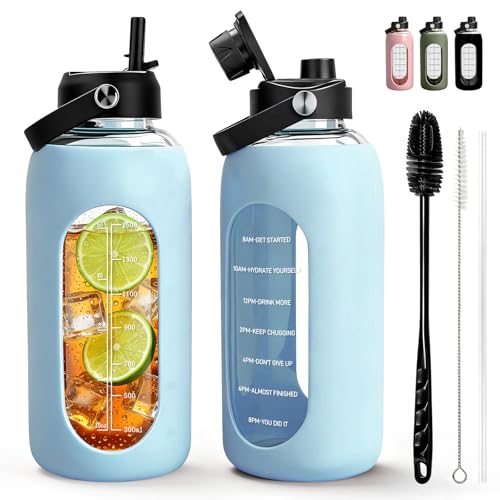 Aqulea 64oz oz Glass Water Bottle with 2 Lids – Spout & Straw Lids, Borosilicate Glass Water Bottle with Time Marker & Silicone Sleeve, Leakproof - color: Ice Blue, size: 64 Ounces