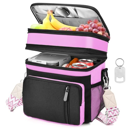 LOKASS Lunch Box & Lunch Bag for Women Men Double Deck, Large Insulated Adult Lunch Box Leakproof Lunchbox Cooler Bag for Work Picnic Beach,（Pink&Black 16L） - color: Pink 2