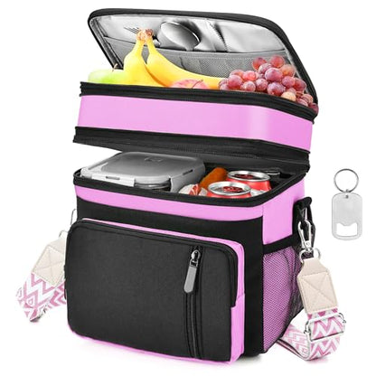 LOKASS Lunch Box & Lunch Bag for Women Men Double Deck, Large Insulated Adult Lunch Box Leakproof Lunchbox Cooler Bag for Work Picnic Beach,（Pink&Black 16L） - color: Pink 2