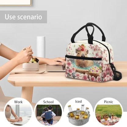 Capybara Lunch Box for Girls 8-10 Sakura One Piece Lunch Box for Boys 4-6 Preschool Meal Bag Kids 6-8 Kindergarten Toddler Children Elementary School Adjustable Shoulder Strap Portable - color: Sakura Capybara