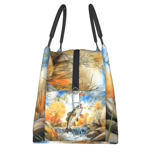 Bass Fishing Scene Lunch Box for Women Girls Adults Insulated Jumping Fish and Flowing Stream Lunch Bag for Work Picnic Camping Travel Gifts Large Capacity Cooler Thermal Reusable Tote Makeup Bags - color: Fishing50