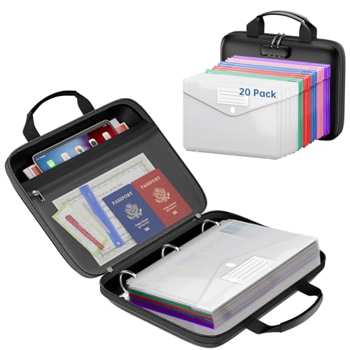Binder Folders Organizer with 20 Pack Heavyweight Plastic Pockets,Fireproof File Folder Box with Lock,Zipper Binder Bag for Important Documents,Letter Size - color: Black