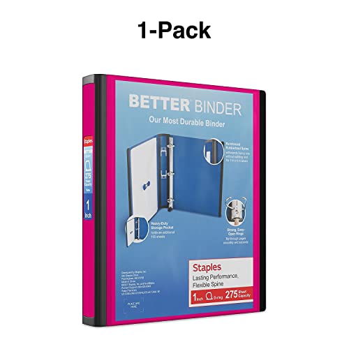 Staples Better Binder, 1-Inch 3‑Ring View Binder, Durable D‑Ring, Pink, Heavy‑Duty, Holds 275 Sheets, School & Office Organization, 3‑Pack - color: Pink, size: 1-Inch, style: 3 Pack