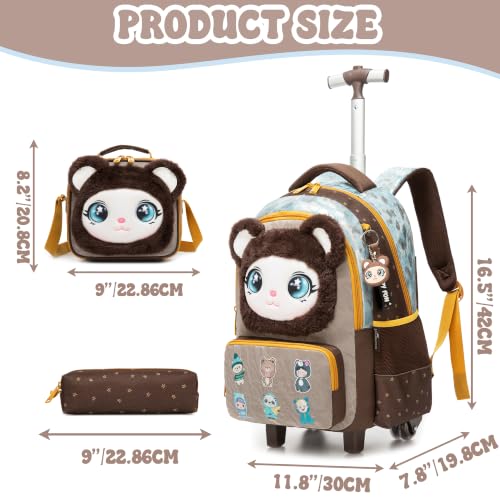 Girls Rolling Backpack for Kids with Wheels,Cute 3D Kids Rolling Backpack for School,Lightweight Kids Luggage for 6-8,Large Capacity BookBag with Wheels & Telescopic Handle - color: 3d Plush Cute Bronze