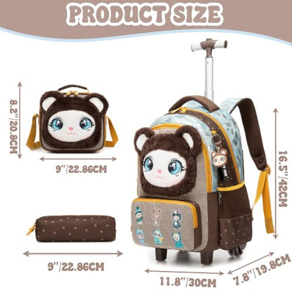 Girls Rolling Backpack for Kids with Wheels,Cute 3D Kids Rolling Backpack for School,Lightweight Kids Luggage for 6-8,Large Capacity BookBag with Wheels & Telescopic Handle - color: 3d Plush Cute Bronze
