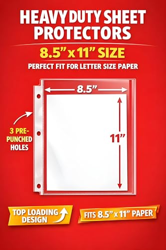 100 Pack Clear Sheet Protectors for 3 Ring Binder, Heavy Duty Plastic Sleeves 8.5 x 11, Top Loading Page Protectors for Documents, Photos & Paper, Letter Size