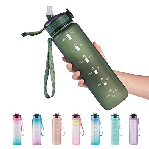 EYQ 32 oz Water Bottle with Time Marker, Carry Strap, Leak-Proof Tritan BPA-Free, Ensure You Drink Enough Water for Fitness, Gym, Camping, Outdoor Sports - color: 8.Hunter Green