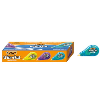 BIC Wite-Out Mini Correction Tape, White, No Dry Time, Long Lasting, 12-Count (Tape Body Colors May Vary)
