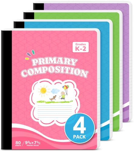 Taja 4 Pack Primary Composition Notebook K-2, Cute Composition Book Primary Ruled, 9-3/4" x 7-1/2", 160 Pages (80 Sheets), Perfect for School Office Supplies, Pastel Colors - size: 4-Pack