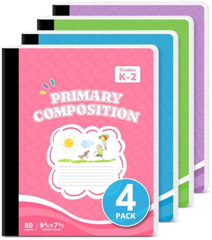 Taja 4 Pack Primary Composition Notebook K-2, Cute Composition Book Primary Ruled, 9-3/4" x 7-1/2", 160 Pages (80 Sheets), Perfect for School Office Supplies, Pastel Colors - size: 4-Pack