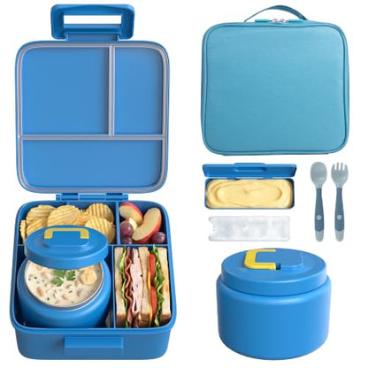 MAISON HUIS Bento Lunch Box with 8oz Soup Thermo, 5-Compartment Leak-Proof Container, Thermo Hot Food Jar and Insulated Lunch Bag, BPA Free,Travel, School (Blue) - color: Blue1