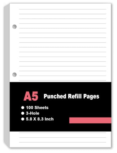 A5 Lined Paper Refill, 3 Hole Refill Paper, A5 Filler Paper, 100 Sheets/200 Pages Loose Leaf Paper for Filofax Planner Refills, Organizer, Binders, 100gsm, 5.8 x 8.2 In