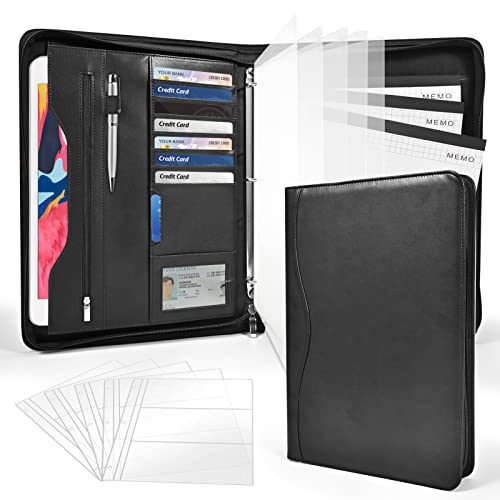 3-Ring Padfolio Portfolio Binder Organizer,PU Leather Folder Binder Business Planner Notebook Zippered Portfolio for Women/Men with Document Sleeve,Letter/A4 Size Clipboard - color: Black-3