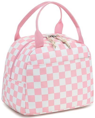 LEDAOU Kids Lunch Bag for Girls, Insulated School Lunch Box, Lightweight | Insulated interior, lightweight design, front pocket, smooth dual zippers, ideal for school and travel - color: Pink White Checkered