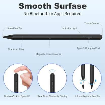 Stylus Pen for iOS&Android Touch Screens, Active Pencil for Samsung, Smart Digital Stylus Pens for Lenovo/Huawei/Vivo/Mi and Other Tablets, iPhone/Samsung/Google Pixel Smart Phones Drawing&Writing - color: Black
