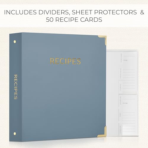 Aesthetic Recipe Binder with Polyester Waterproof cloth Cover - The Perfect Recipe Book with Plastic Sleeves to Write in Your Own Recipes - Quality Blank Cookbook Binder, Cards incl. - color: Dusty Blue, size: Medium - 9.5x8.5"