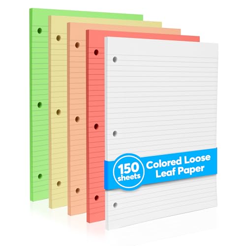Colored Notebook Paper – 8.5 x 11, 150 Sheets – Thick 80 gsm College Ruled Colorful Loose Leaf Filler Paper – 3-Hole Punched Binder Papers for School, Office, and Journaling (Bright) - color: Bright